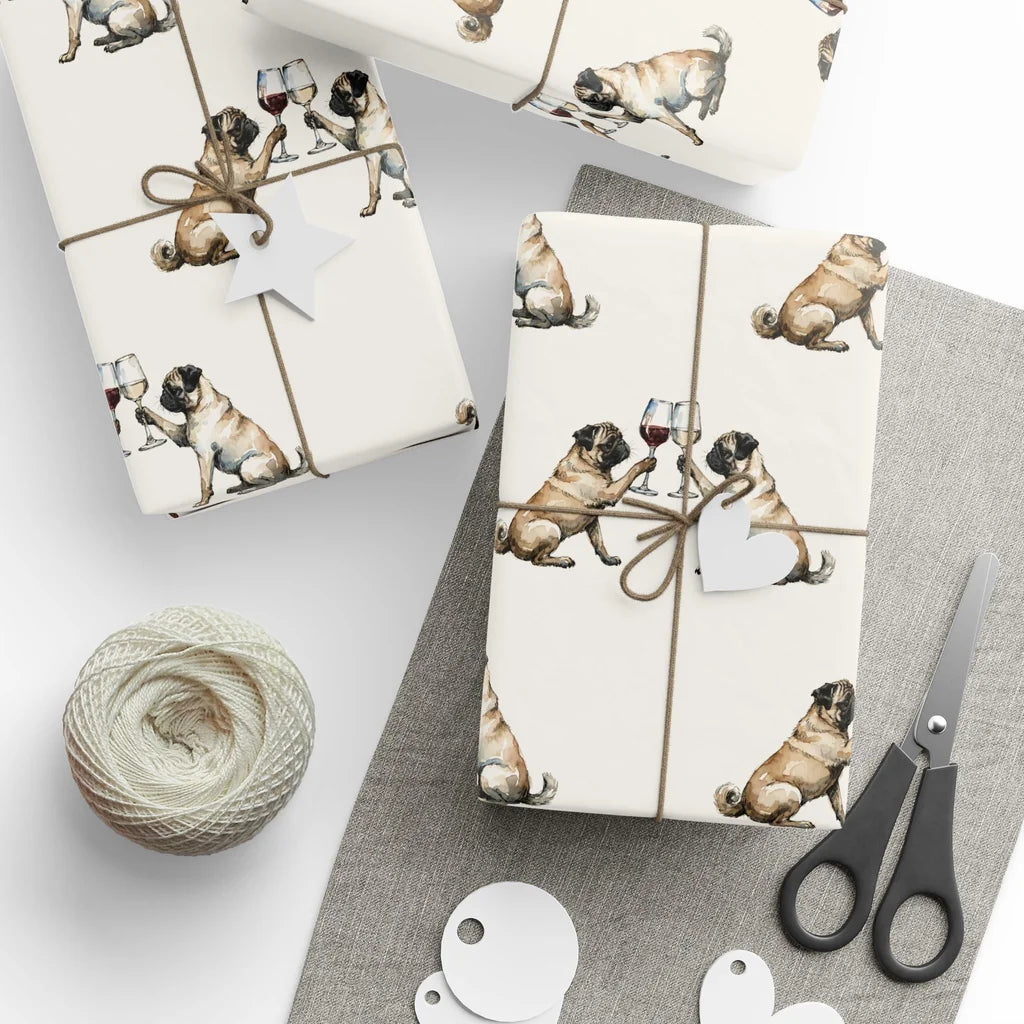 Happy Hour Pug Wrapping Paper — styled gift wrapping with scissors and twine