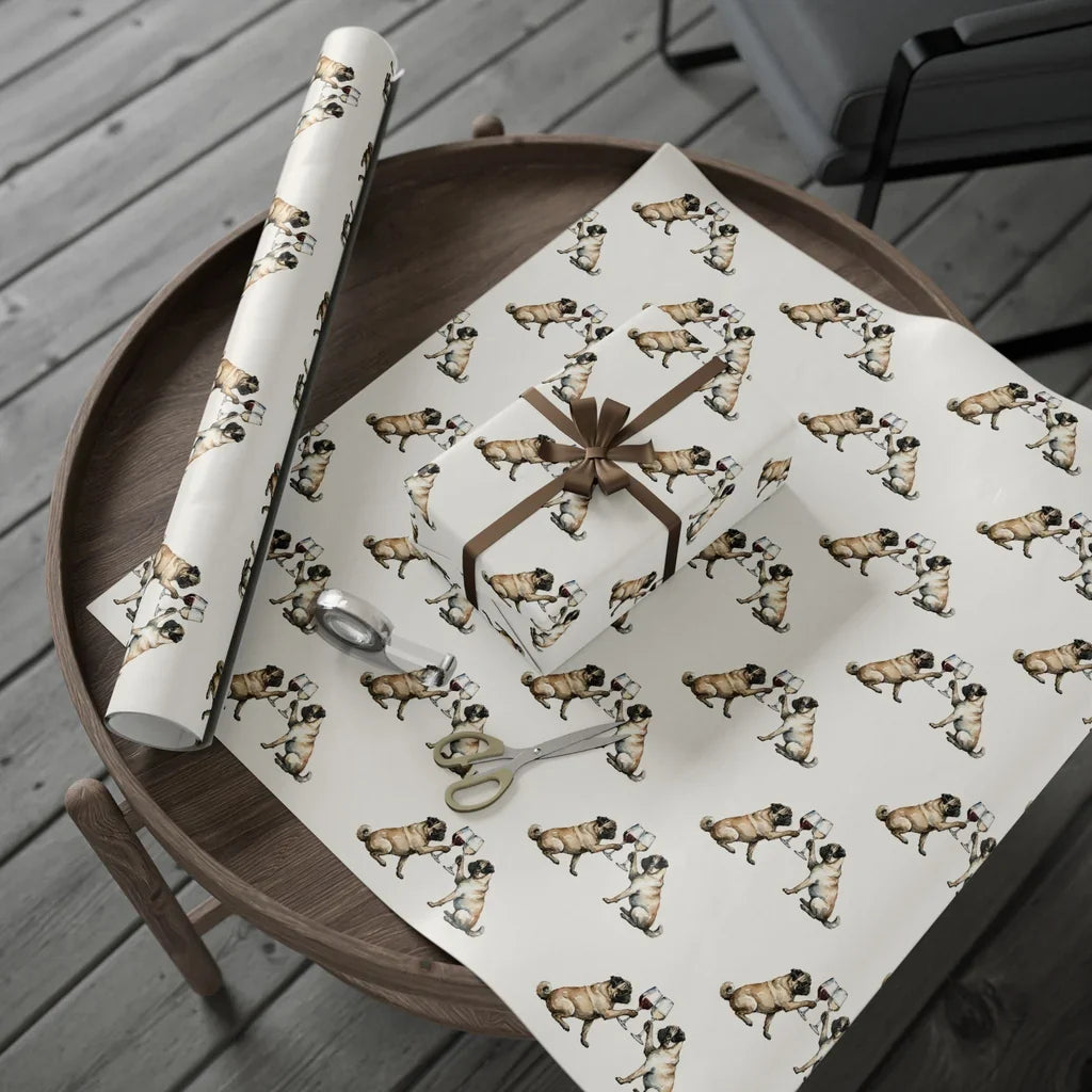 Happy Hour Pug Wrapping Paper — gift wrapping presented on a wooden table