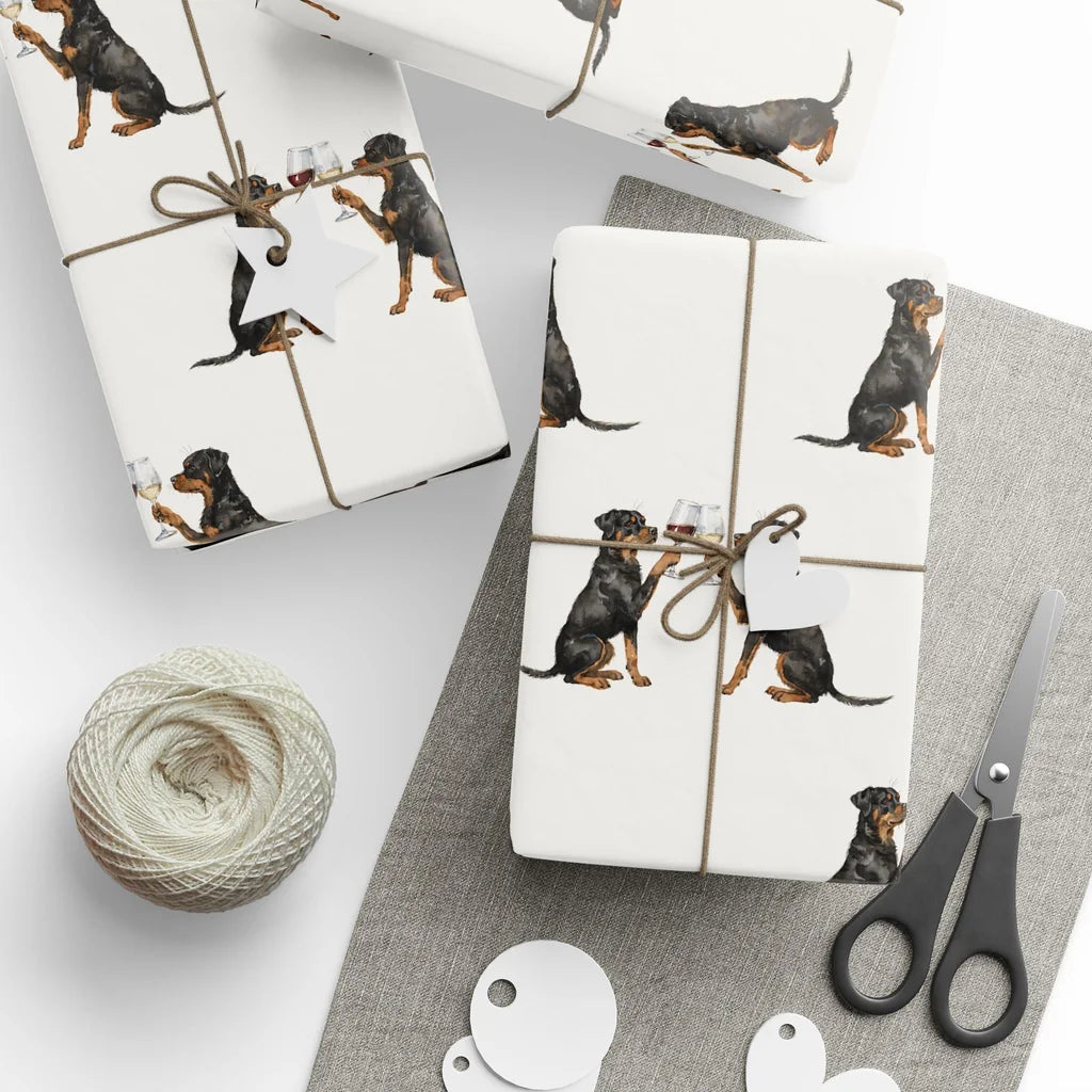 Happy Hour Rottweiler Wrapping Paper — styled gift wrapping with scissors and twine