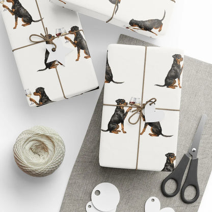 Happy Hour Rottweiler Wrapping Paper — styled gift wrapping with scissors and twine