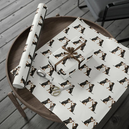 Happy Hour Rottweiler Wrapping Paper — gift wrapping presented on a wooden table