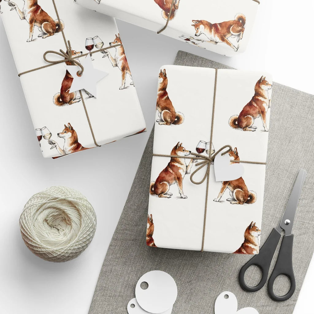 Happy Hour Shiba Inu Wrapping Paper — styled gift wrapping with scissors and twine
