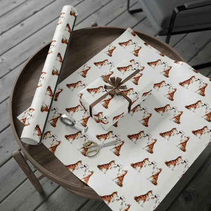 Happy Hour Shiba Inu Wrapping Paper — gift wrapping presented on a wooden table