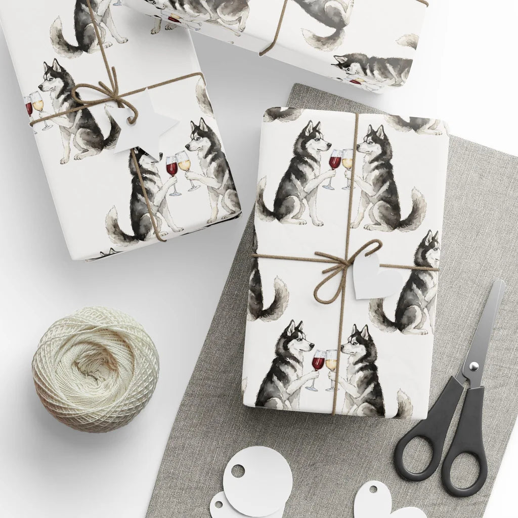 Happy Hour Siberian Husky Wrapping Paper — styled gift wrapping with scissors and twine
