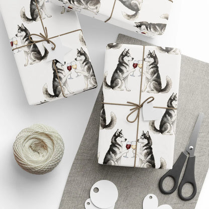 Happy Hour Siberian Husky Wrapping Paper — styled gift wrapping with scissors and twine