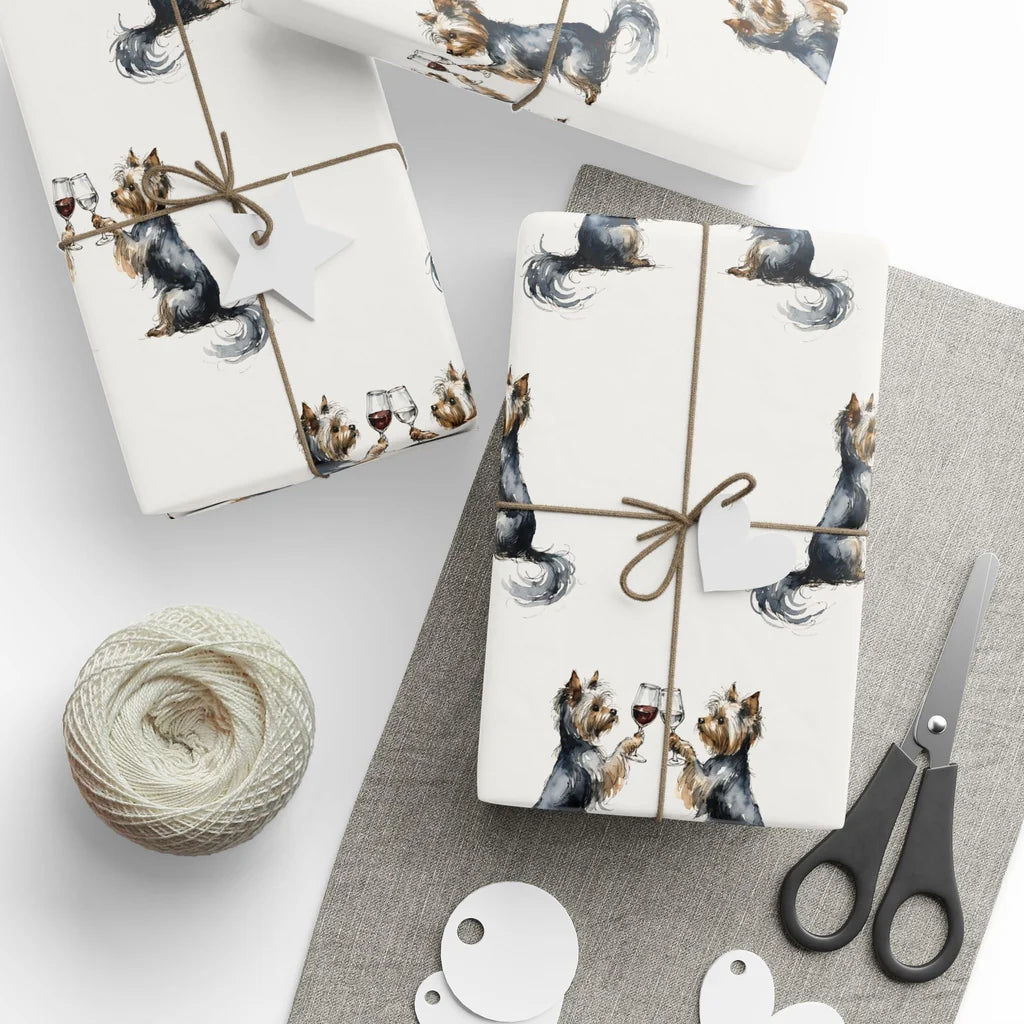 Happy Hour Yorkshire Terrier Wrapping Paper — styled gift wrapping with scissors and twine