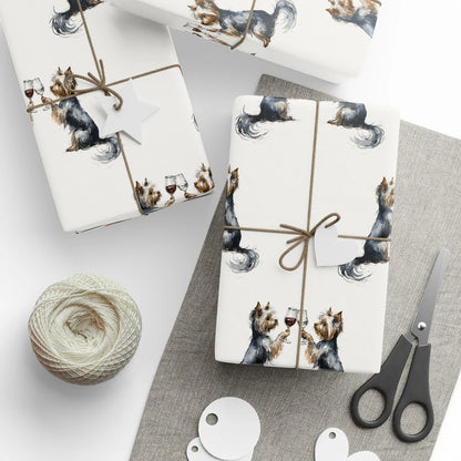 Happy Hour Yorkshire Terrier Wrapping Paper — styled gift wrapping with scissors and twine