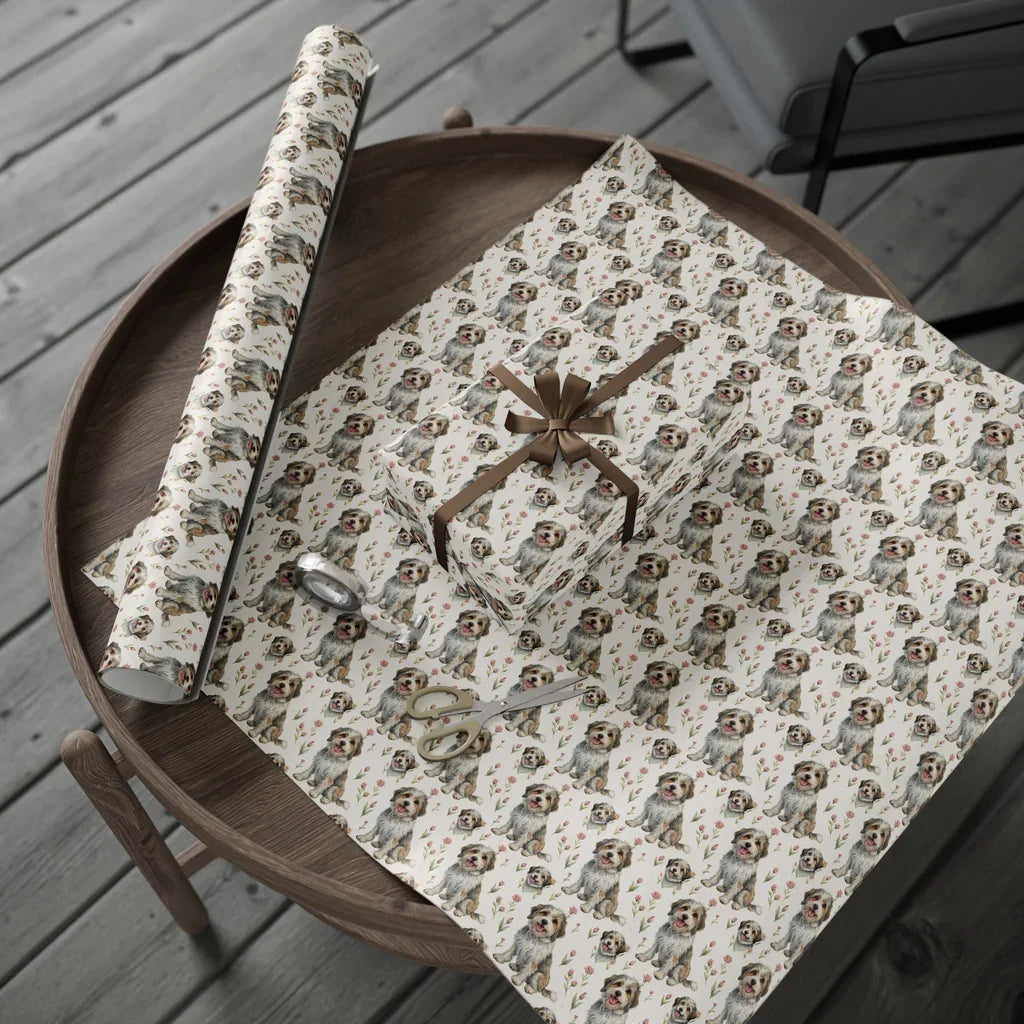 Havanese Floral Wrapping Paper — gift wrapping presented on a wooden table