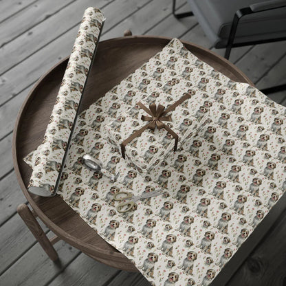 Havanese Floral Wrapping Paper — gift wrapping presented on a wooden table