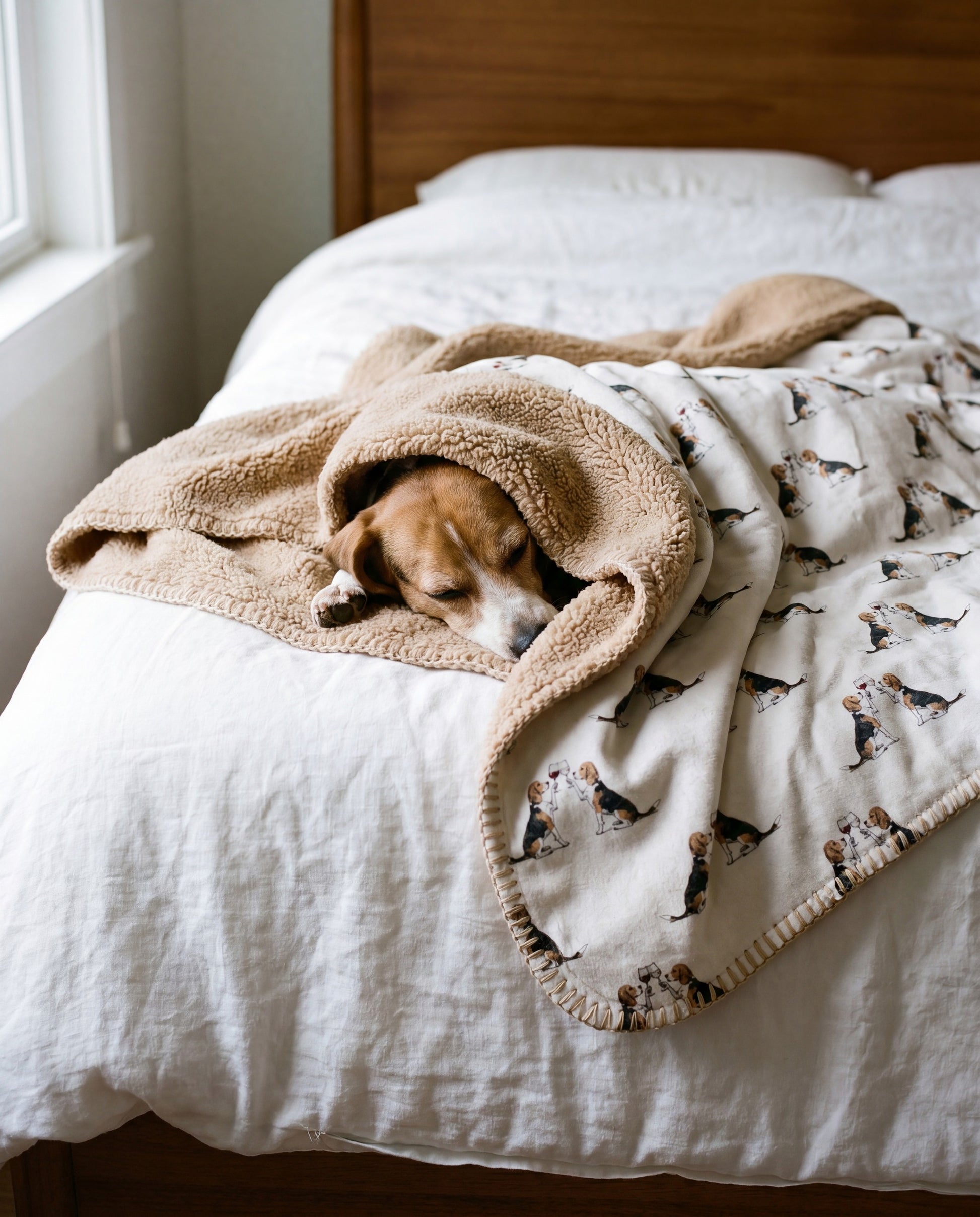 Beagle curled asleep in a Happy Hour Beagle sherpa blanket on a bed