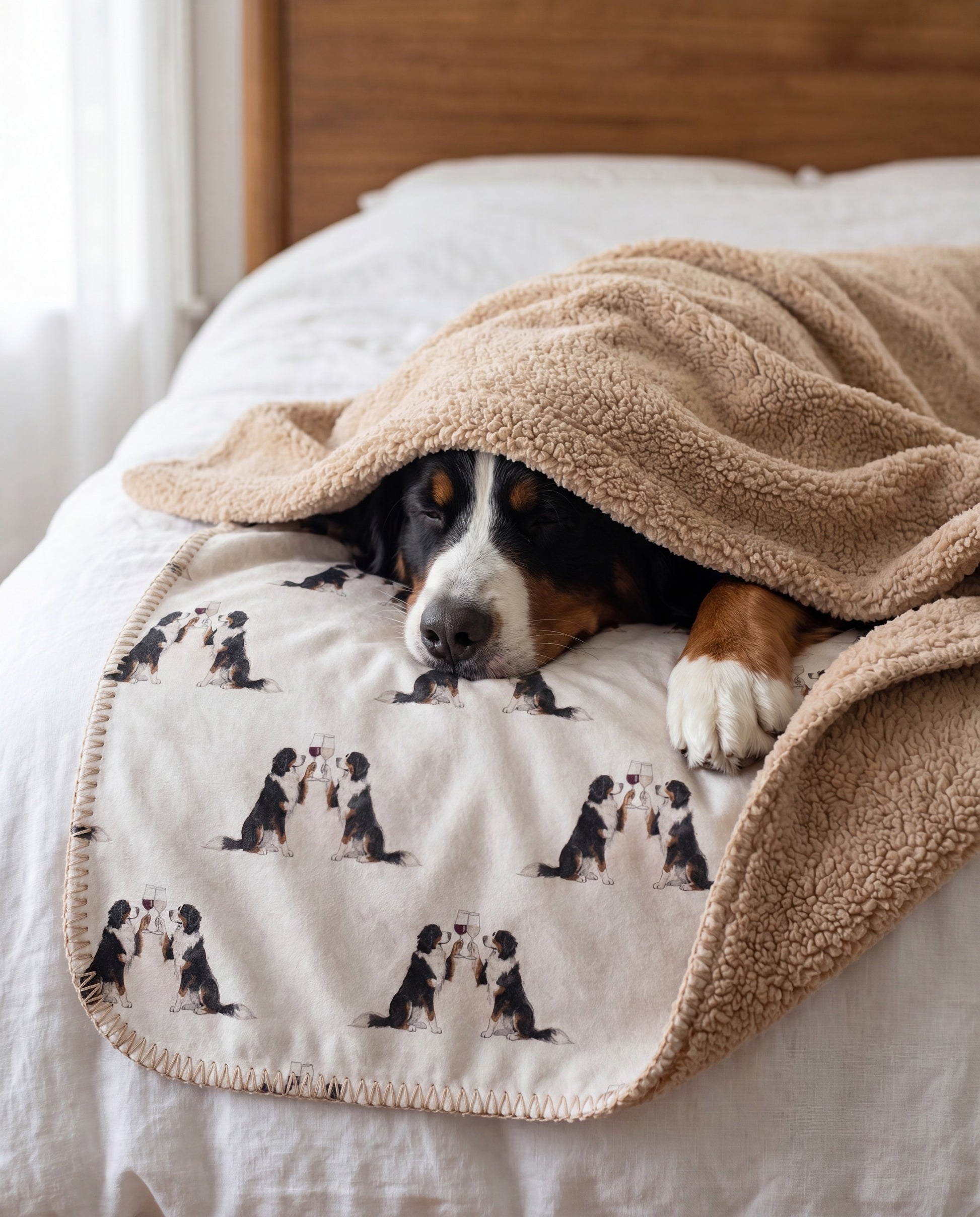 Bernese Mountain Dog curled asleep in a Happy Hour Bernese Mountain Dog sherpa blanket on a bed