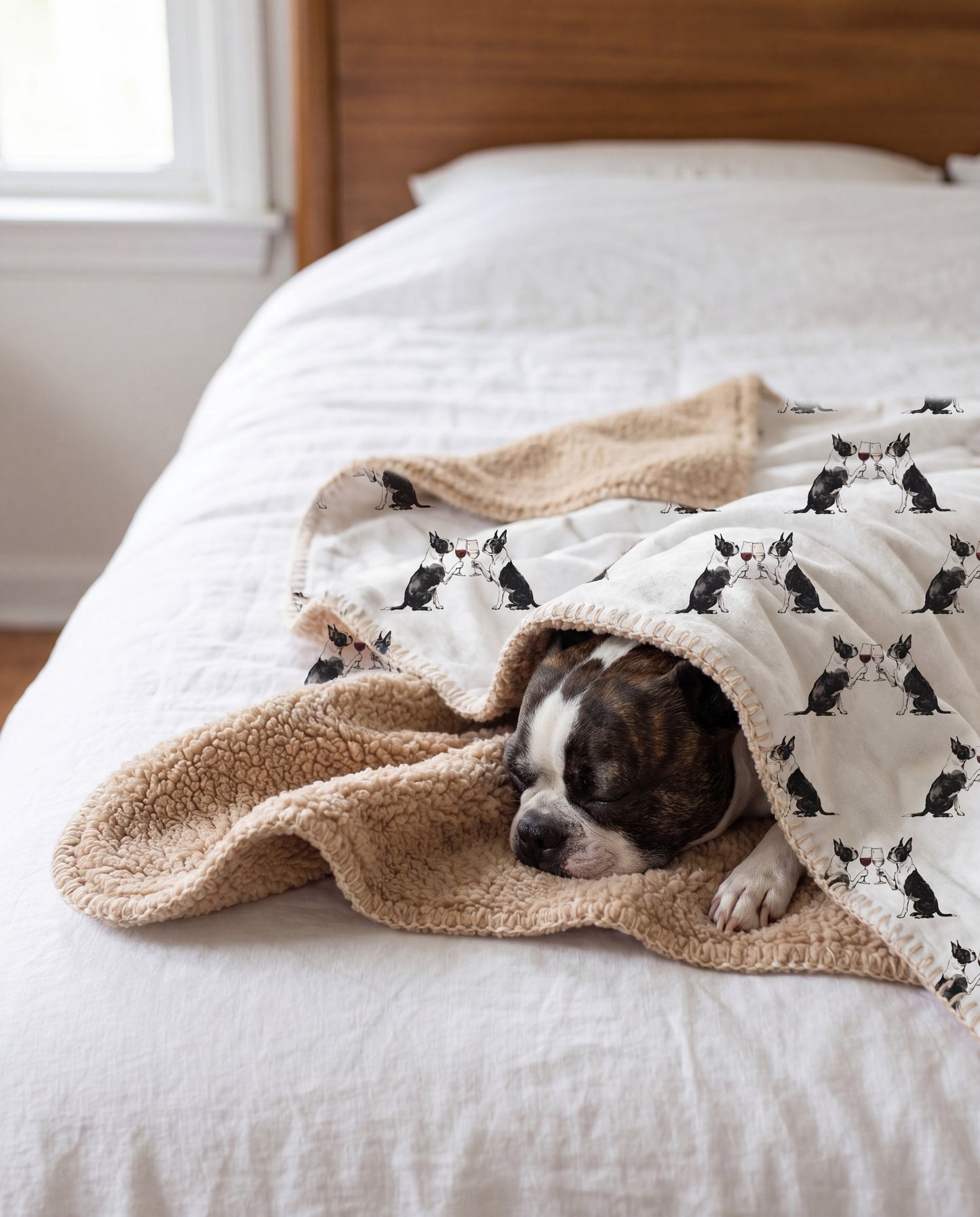 Boston Terrier curled asleep in a Happy Hour Boston Terrier sherpa blanket on a bed