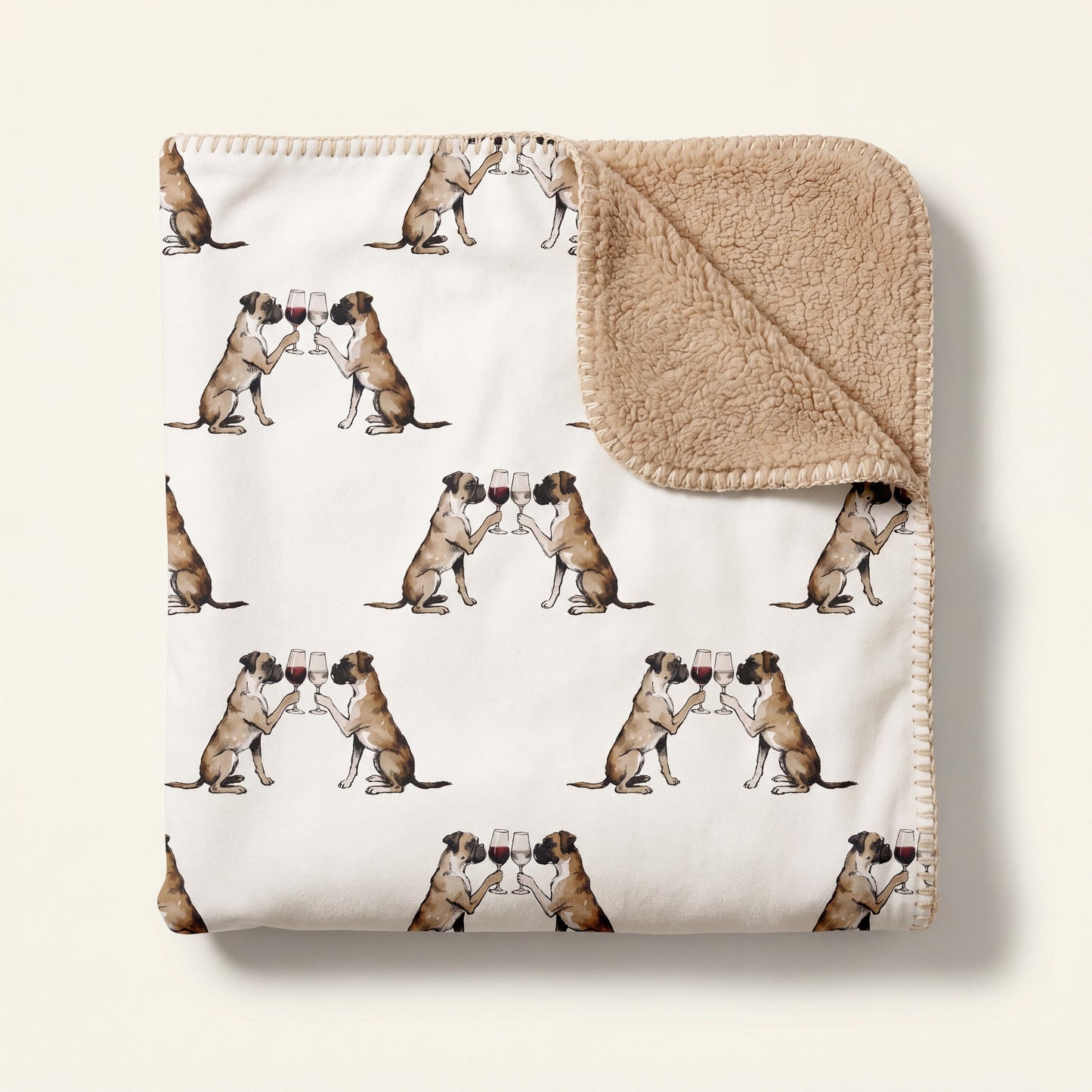 Top-down product photo of the Happy Hour Boxer sherpa blanket folded on a cream background