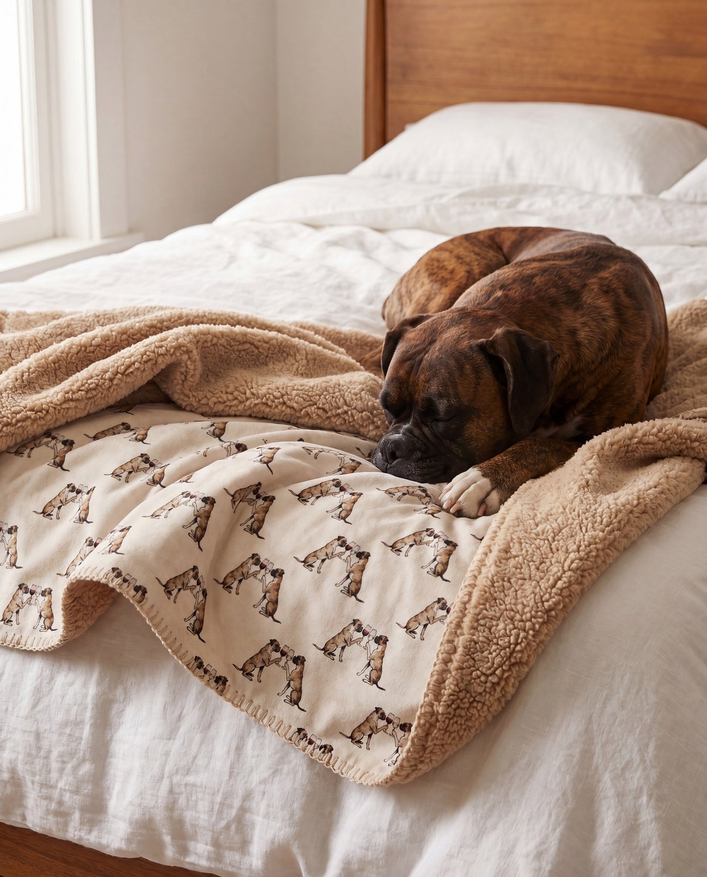 Boxer curled asleep in a Happy Hour Boxer sherpa blanket on a bed
