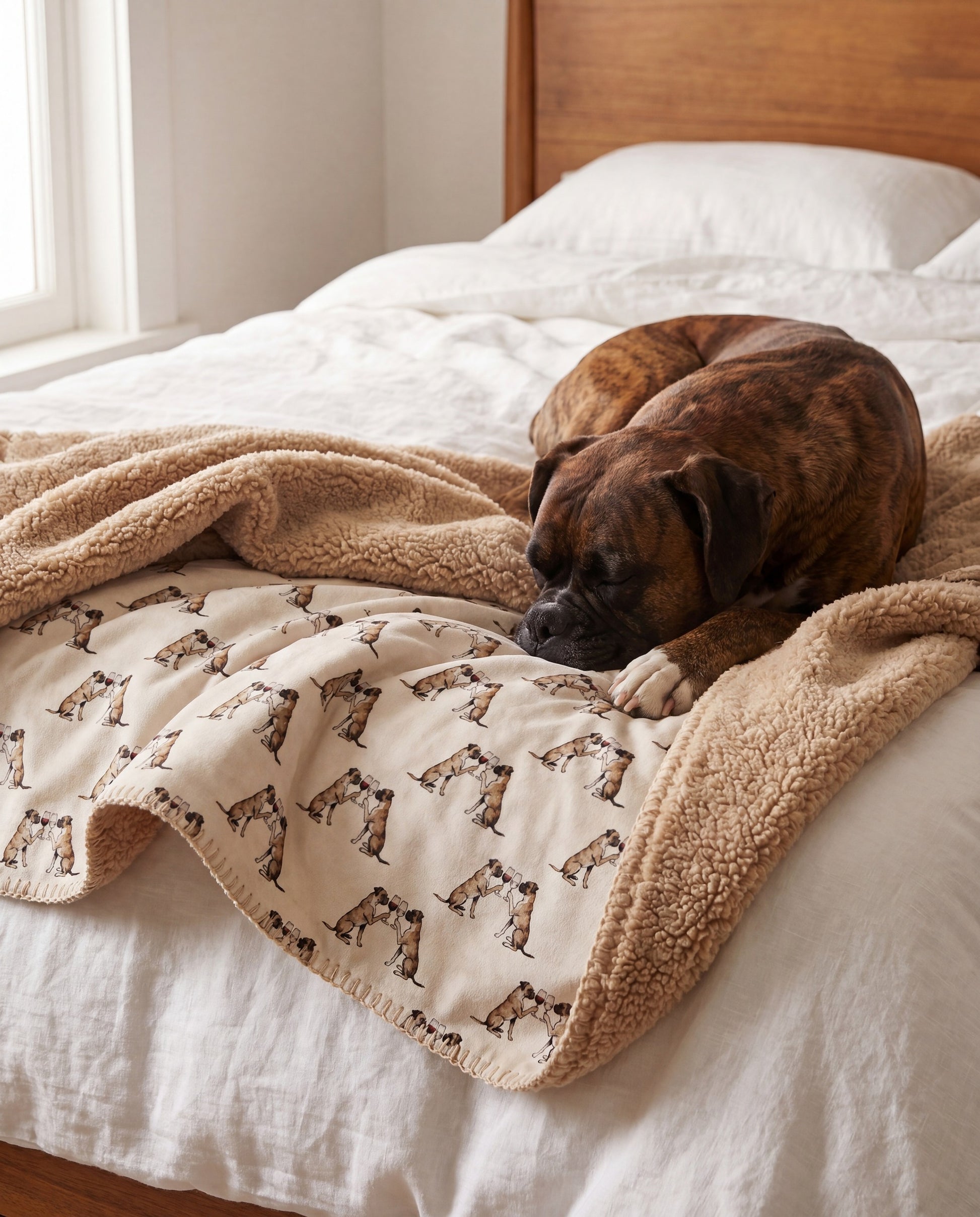 Boxer curled asleep in a Happy Hour Boxer sherpa blanket on a bed