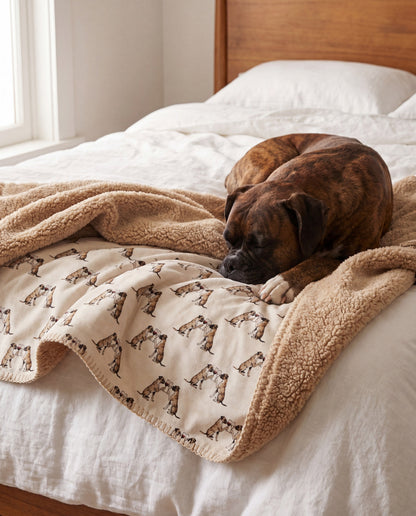 Boxer curled asleep in a Happy Hour Boxer sherpa blanket on a bed