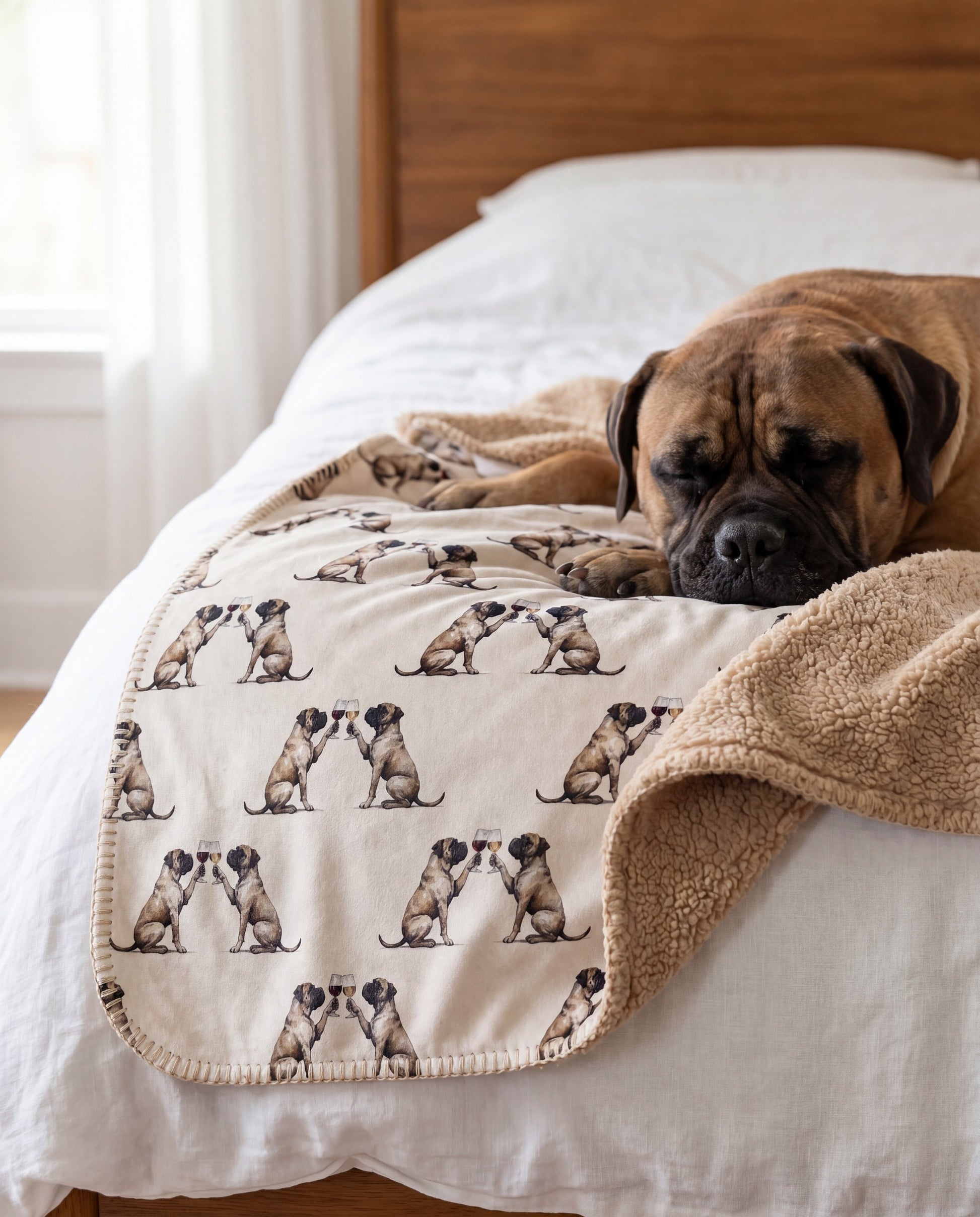 Bullmastiff curled asleep in a Happy Hour Bullmastiff sherpa blanket on a bed