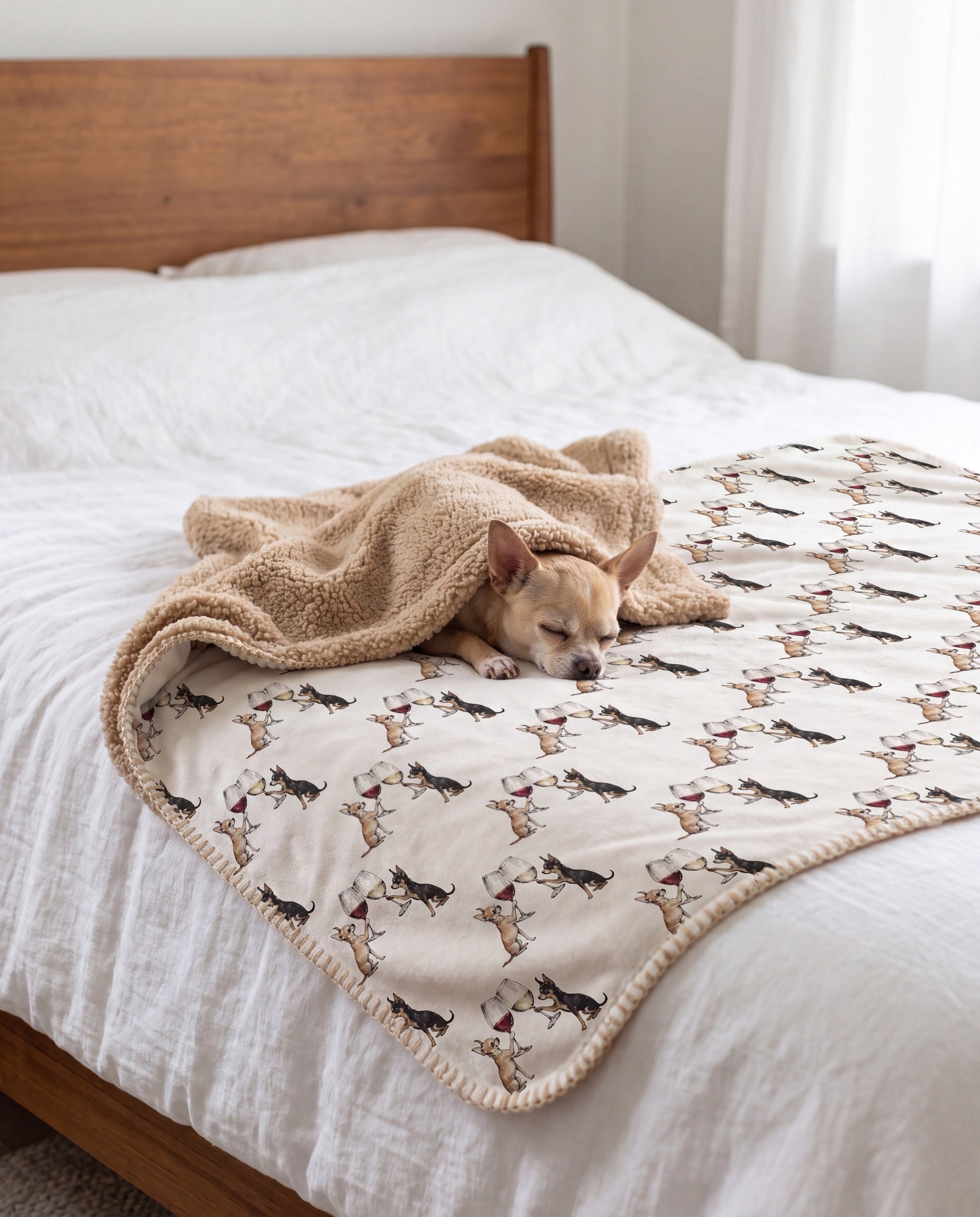 Chihuahua curled asleep in a Happy Hour Chihuahua sherpa blanket on a bed