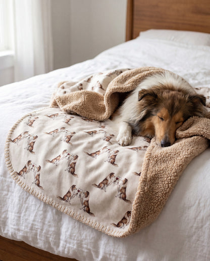 Collie curled asleep in a Happy Hour Collie sherpa blanket on a bed