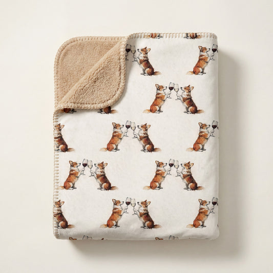 Top-down product photo of the Happy Hour Corgi sherpa blanket folded on a cream background