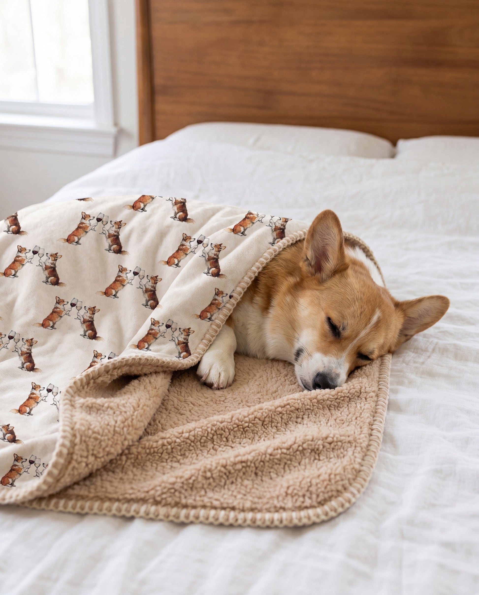 Corgi curled asleep in a Happy Hour Corgi sherpa blanket on a bed