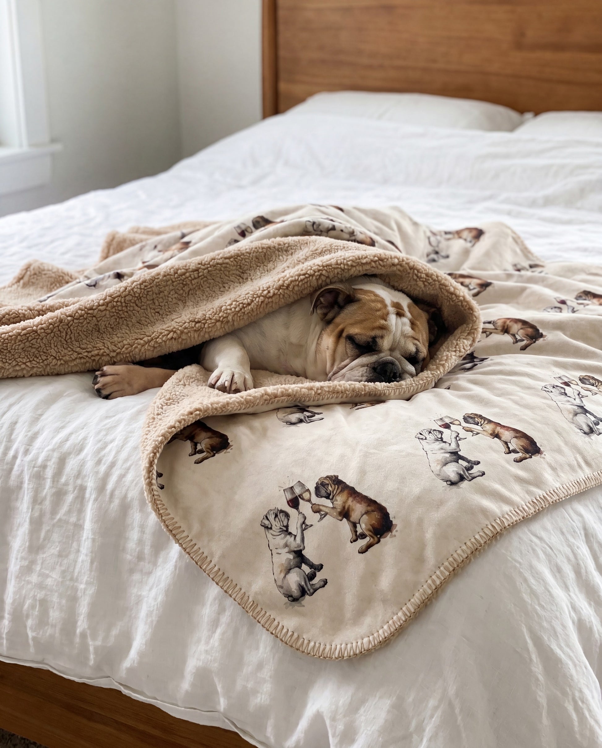 English Bulldog curled asleep in a Happy Hour English Bulldog sherpa blanket on a bed