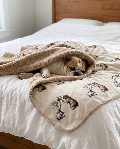 English Bulldog curled asleep in a Happy Hour English Bulldog sherpa blanket on a bed