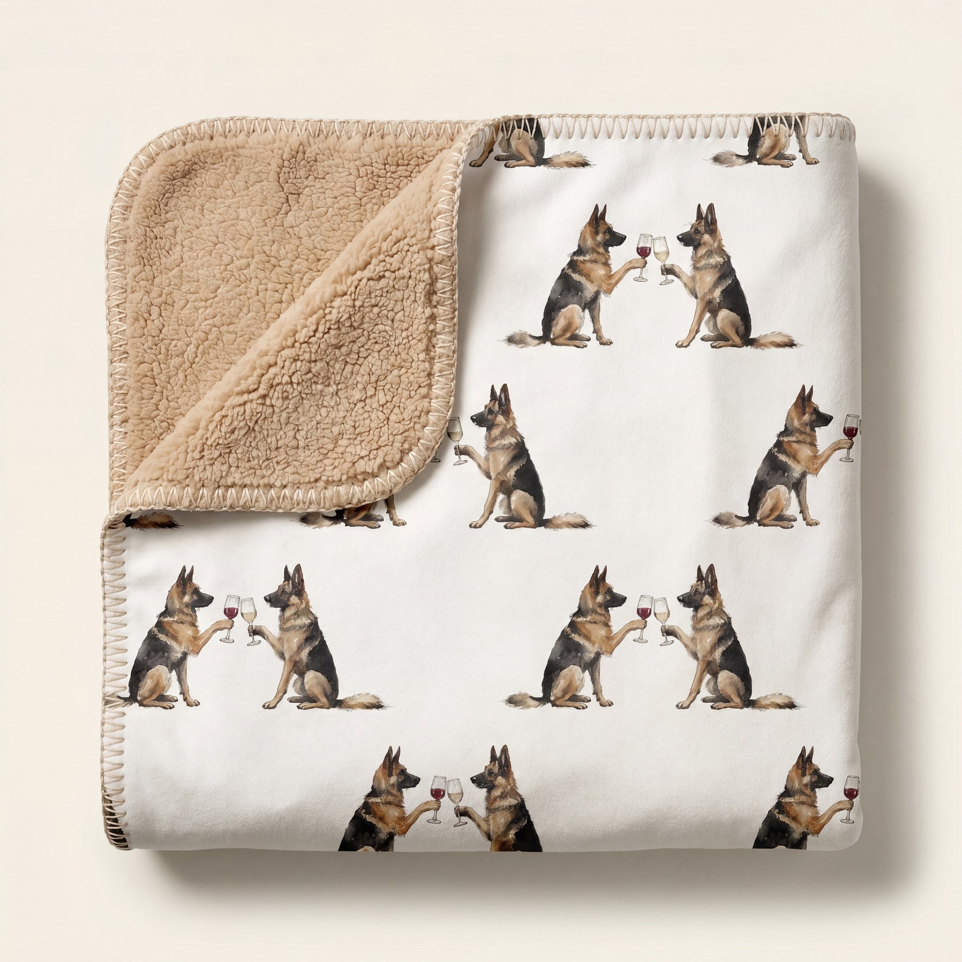 Top-down product photo of the Happy Hour German Shepherd sherpa blanket folded on a cream background