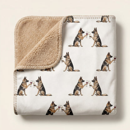 Top-down product photo of the Happy Hour German Shepherd sherpa blanket folded on a cream background