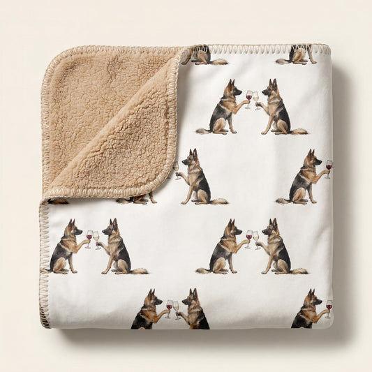 Top-down product photo of the Happy Hour German Shepherd sherpa blanket folded on a cream background