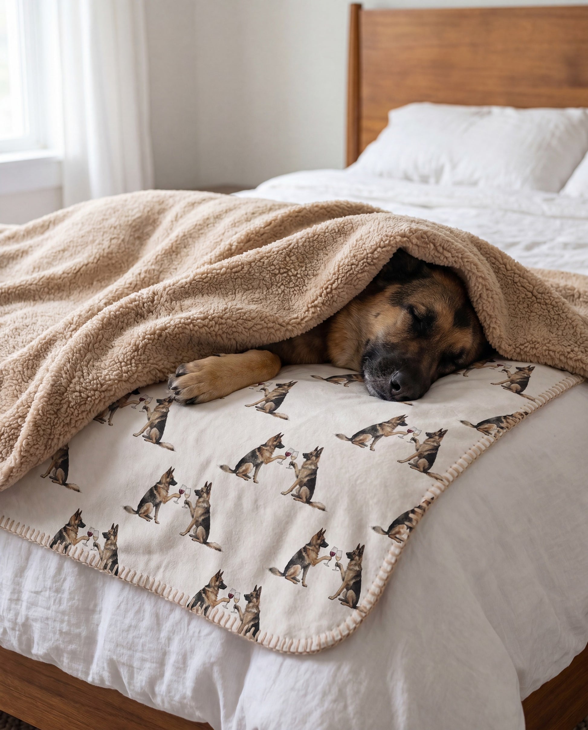 German Shepherd curled asleep in a Happy Hour German Shepherd sherpa blanket on a bed