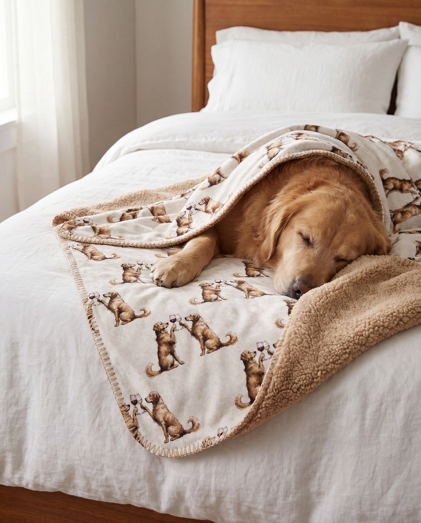 Golden Retriever curled asleep in a Happy Hour Golden Retriever sherpa blanket on a bed