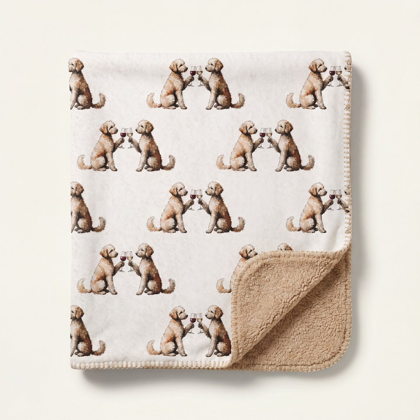 Top-down product photo of the Happy Hour Goldendoodle sherpa blanket folded on a cream background