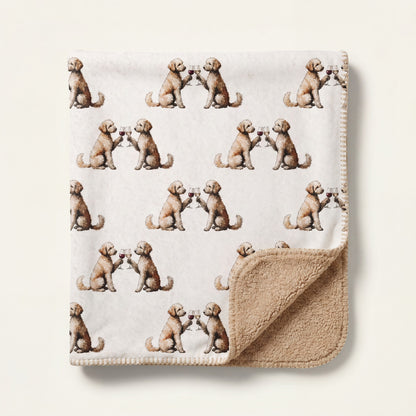 Top-down product photo of the Happy Hour Goldendoodle sherpa blanket folded on a cream background