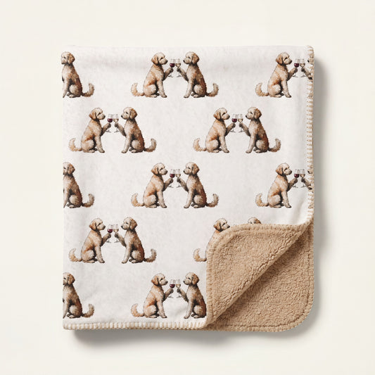Top-down product photo of the Happy Hour Goldendoodle sherpa blanket folded on a cream background