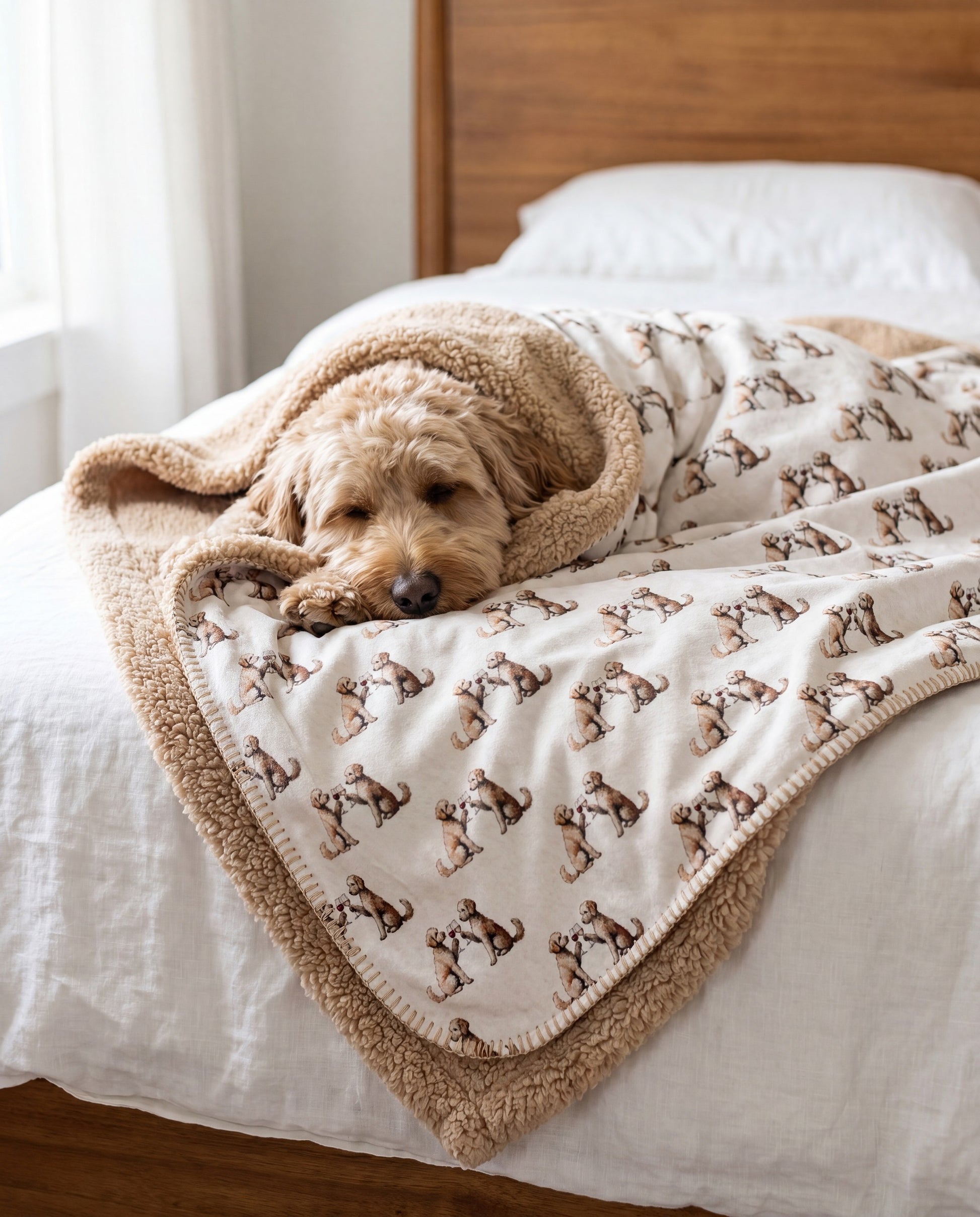 Goldendoodle curled asleep in a Happy Hour Goldendoodle sherpa blanket on a bed