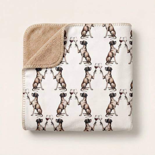 Top-down product photo of the Happy Hour Great Dane sherpa blanket folded on a cream background