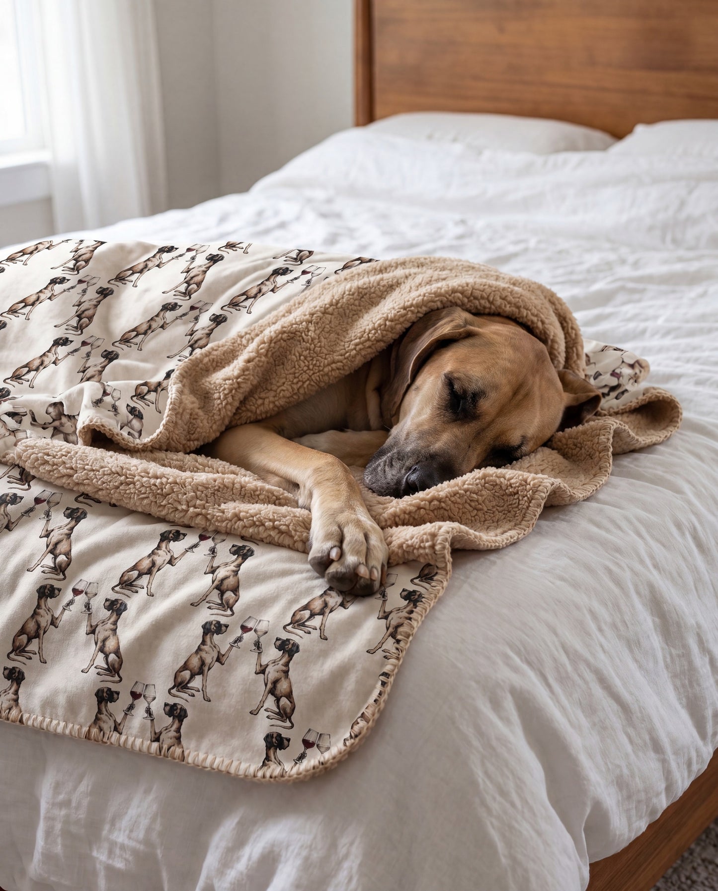 Great Dane curled asleep in a Happy Hour Great Dane sherpa blanket on a bed