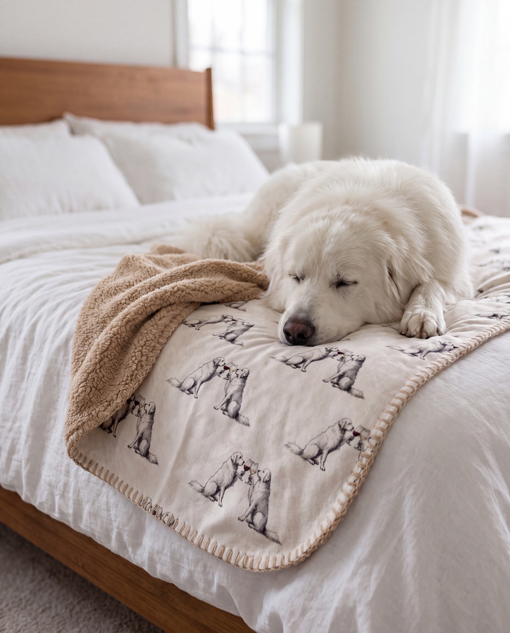 Great Pyrenees curled asleep in a Happy Hour Great Pyrenees sherpa blanket on a bed