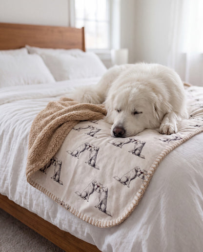Great Pyrenees curled asleep in a Happy Hour Great Pyrenees sherpa blanket on a bed