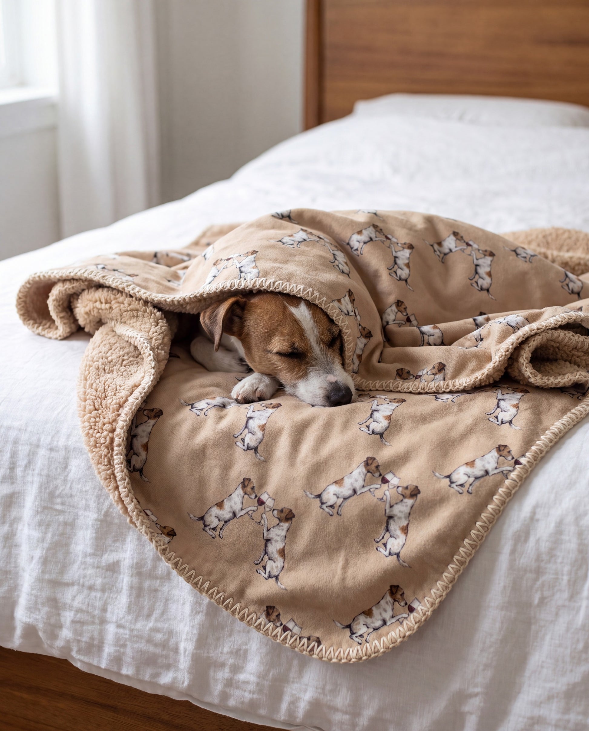 Jack Russell Terrier curled asleep in a Happy Hour Jack Russell Terrier sherpa blanket on a bed