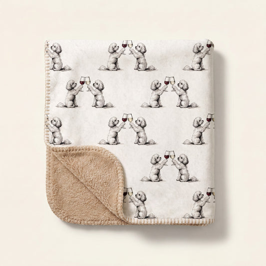 Top-down product photo of the Happy Hour Maltipoo sherpa blanket folded on a cream background
