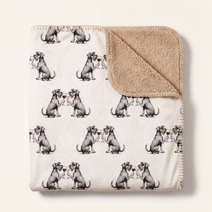Top-down product photo of the Happy Hour Miniature Schnauzer sherpa blanket folded on a cream background