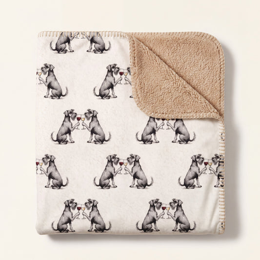 Top-down product photo of the Happy Hour Miniature Schnauzer sherpa blanket folded on a cream background