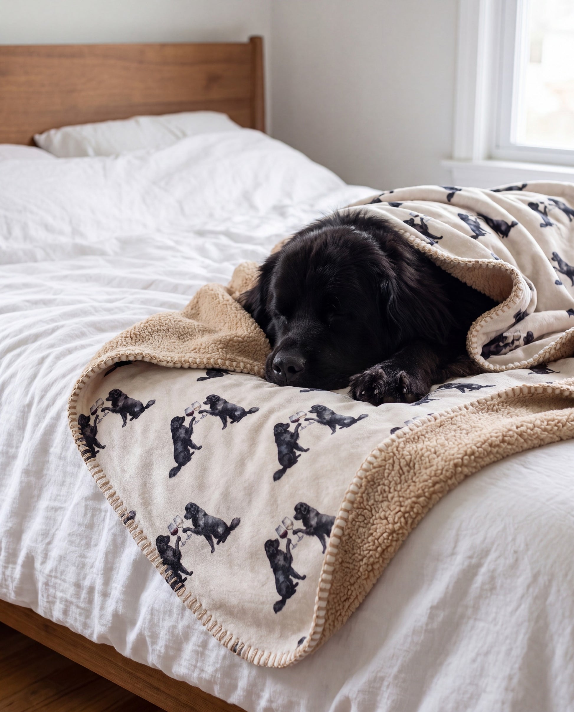 Newfoundland curled asleep in a Happy Hour Newfoundland sherpa blanket on a bed