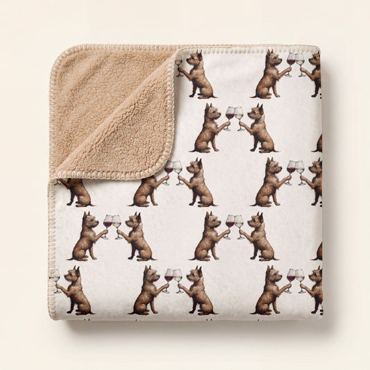 Top-down product photo of the Happy Hour Norwich Terrier sherpa blanket folded on a cream background