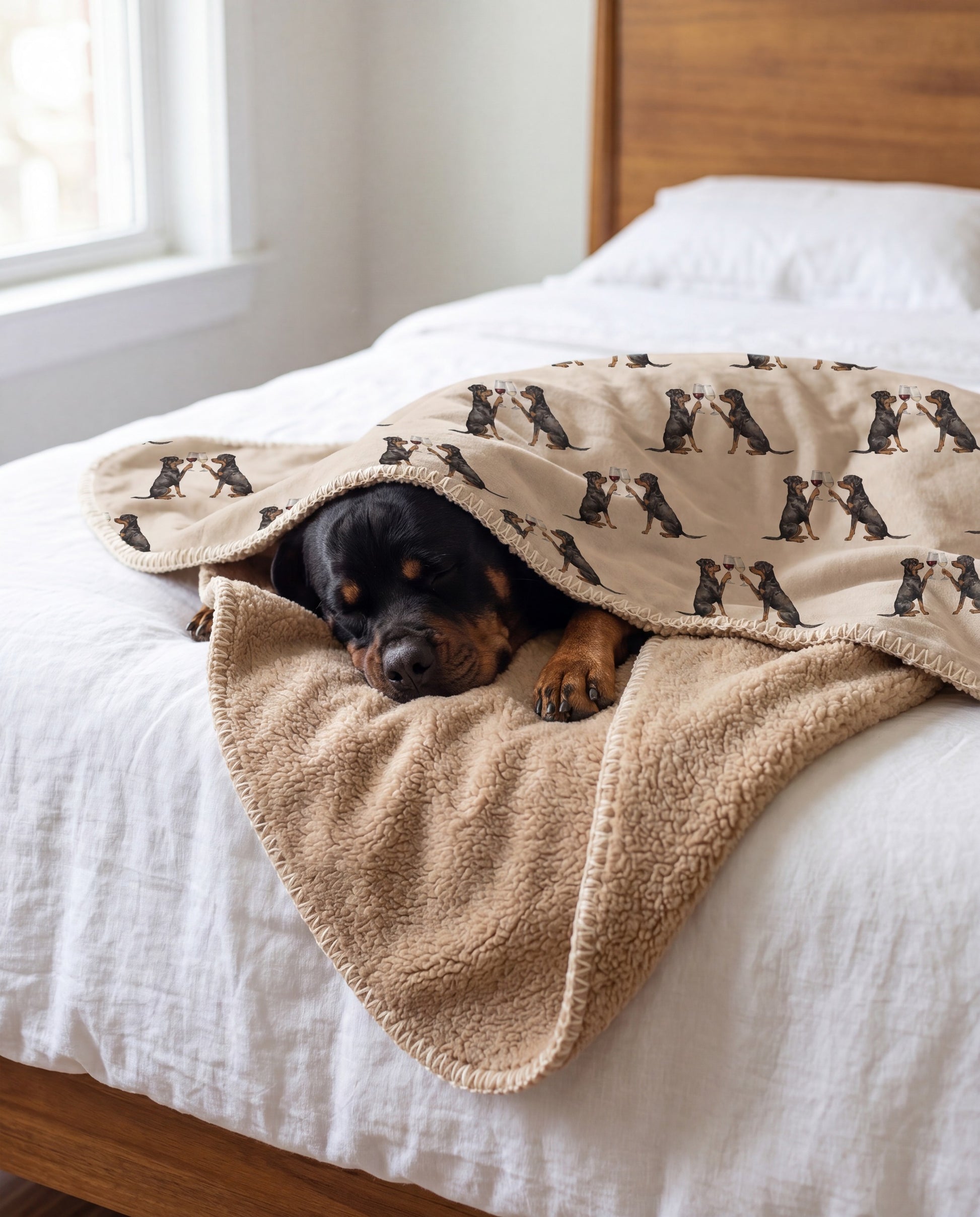 Rottweiler curled asleep in a Happy Hour Rottweiler sherpa blanket on a bed