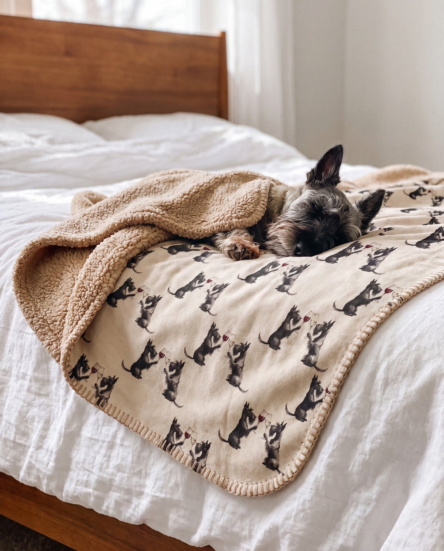 Scottish Terrier curled asleep in a Happy Hour Scottish Terrier sherpa blanket on a bed