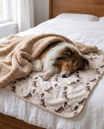 Sheltie curled asleep in a Happy Hour Sheltie sherpa blanket on a bed
