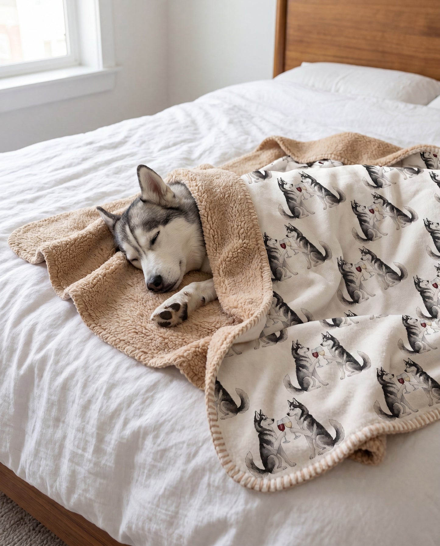 Siberian Husky curled asleep in a Happy Hour Siberian Husky sherpa blanket on a bed